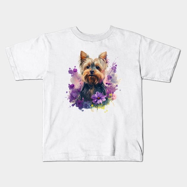 Yorkie Floral Kids T-Shirt by Mixtgifts